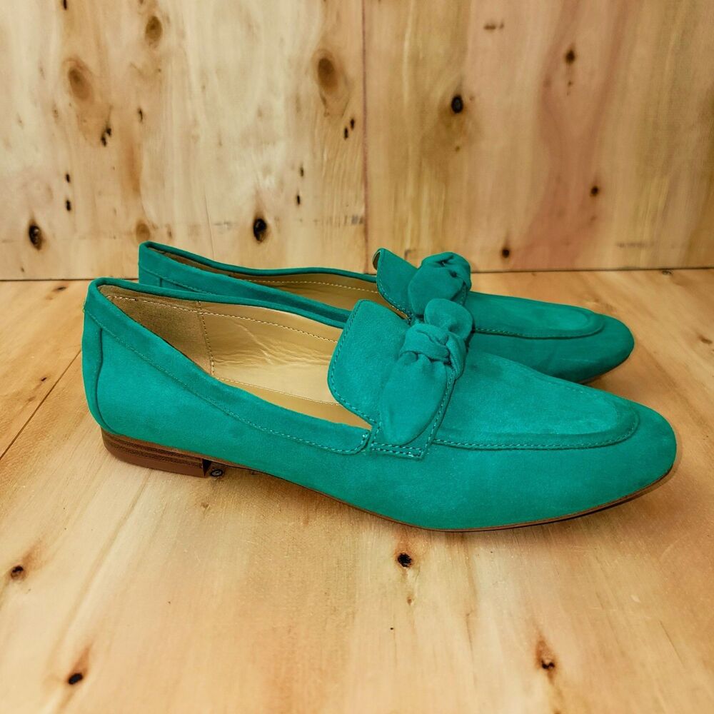 J Crew Factory faux suede bow green loafers Women's 9.5 READ